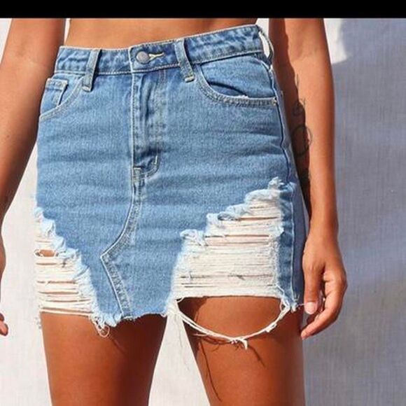 PRETTYLITTLETHING Women’s Blue Distressed High-Waisted Denim Mini Skirt Size 10 - Picture 1 of 6